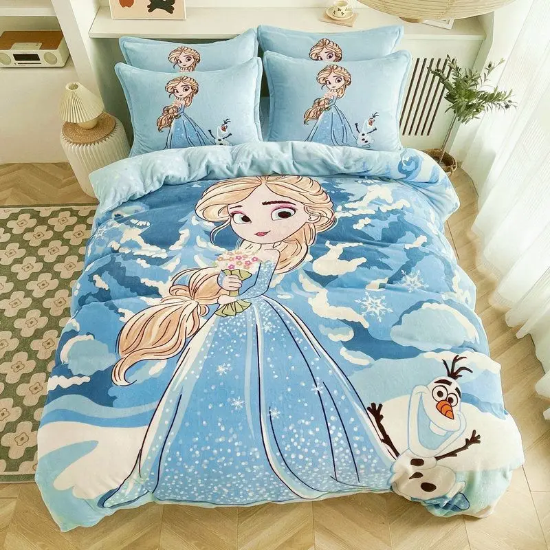 Elsa Snow White Stellalou Lotso Daisy Pooh Bear Donald duck cartoon print soft and comfortable milk velvet bed sheet set of four