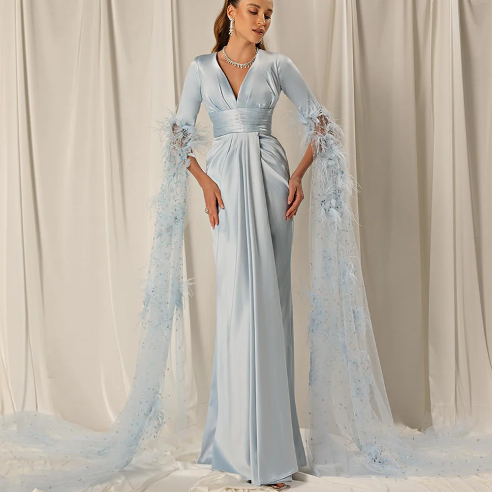 حورية البحر الريش الناعم رداء حفلات الطراز الحديث الخامس الرقبة نصف الأكمام فساتين السهرة مخصصة عالية الجودة فستان حفلة كريستال