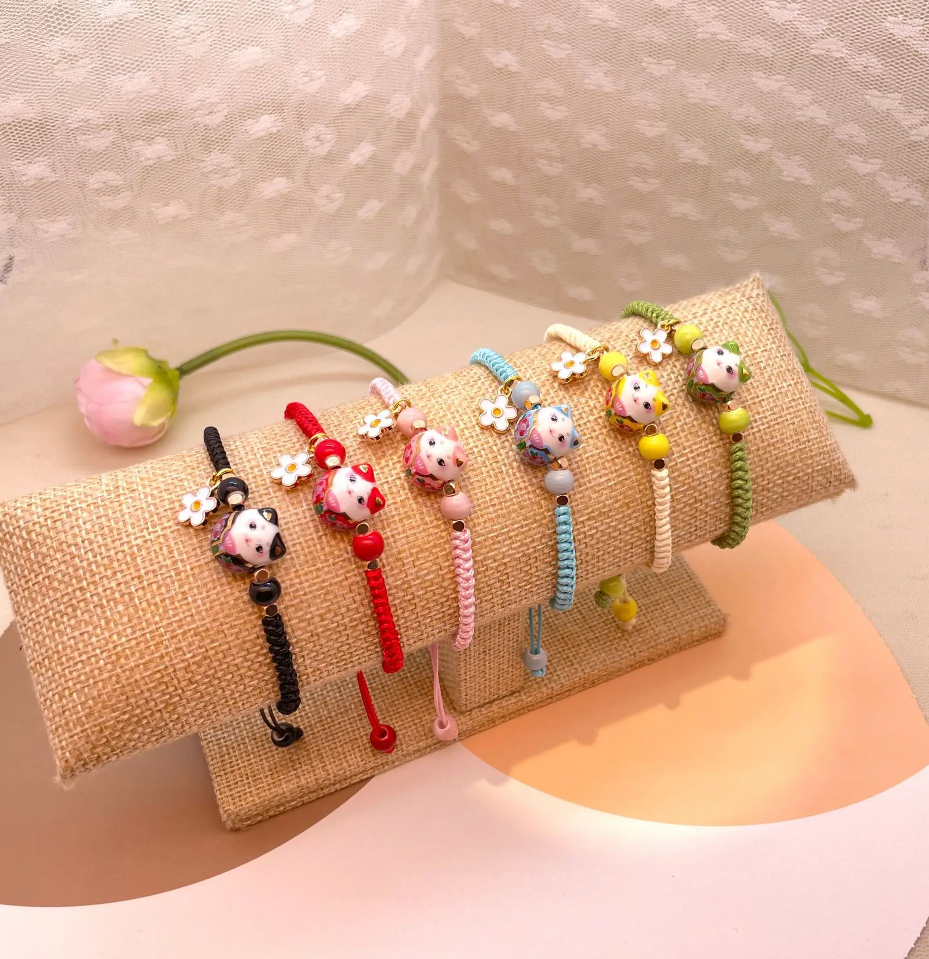 

10Pcs/Lot Charm Versatile Lovely Cat Ceramic Woven Bracelet Couple Cute Lucky Kawaii Pendant Rope Chain Jewelry Gift Wholesale