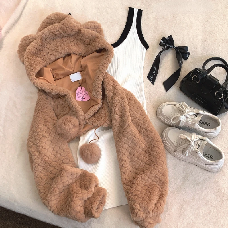 Winter Kawaii Bear Ears Plush Coat Women Sweet Lolita Short Bandage Jackets Tops Female Korean Style Warm Rabbit Hooded Overcoat