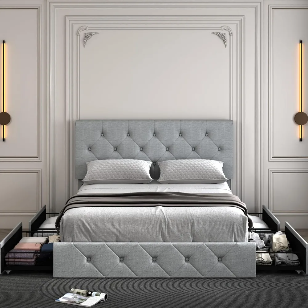 Queen Size Bed Frame Platform with 4 Storage Drawers, Adjustable Tufted Button Linen Headboard, No Need for a Box Spring