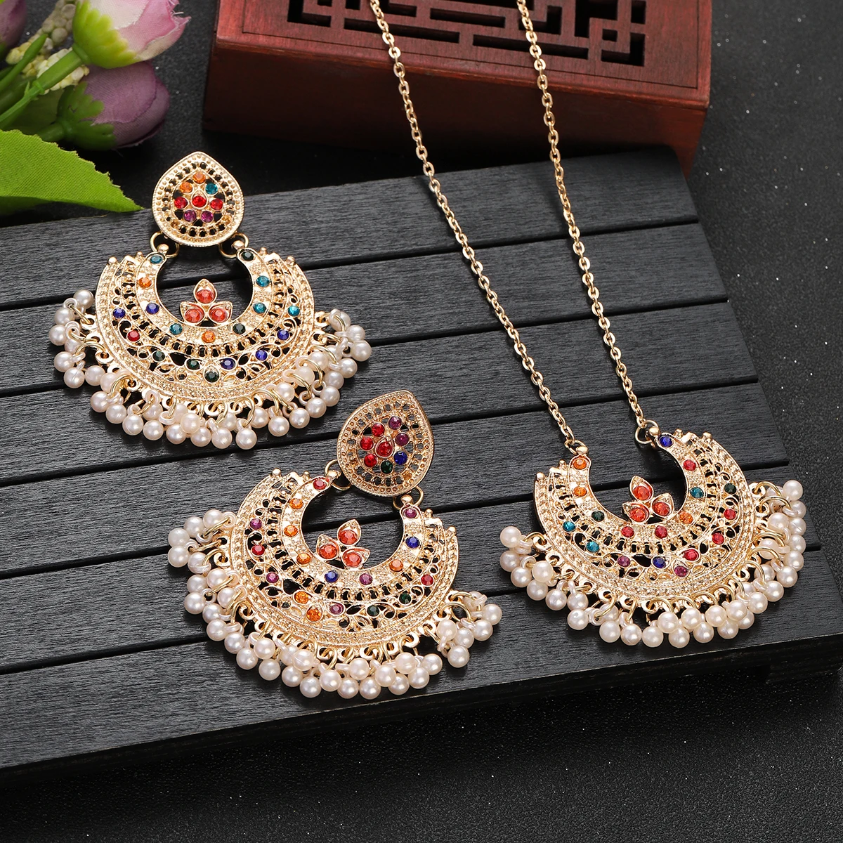 New Vintage Gold Color Geometric Tassel Necklace Earrings Women's Gypsy Jewelry Multicolor Crystal Zircon Wedding Jewelry Sets