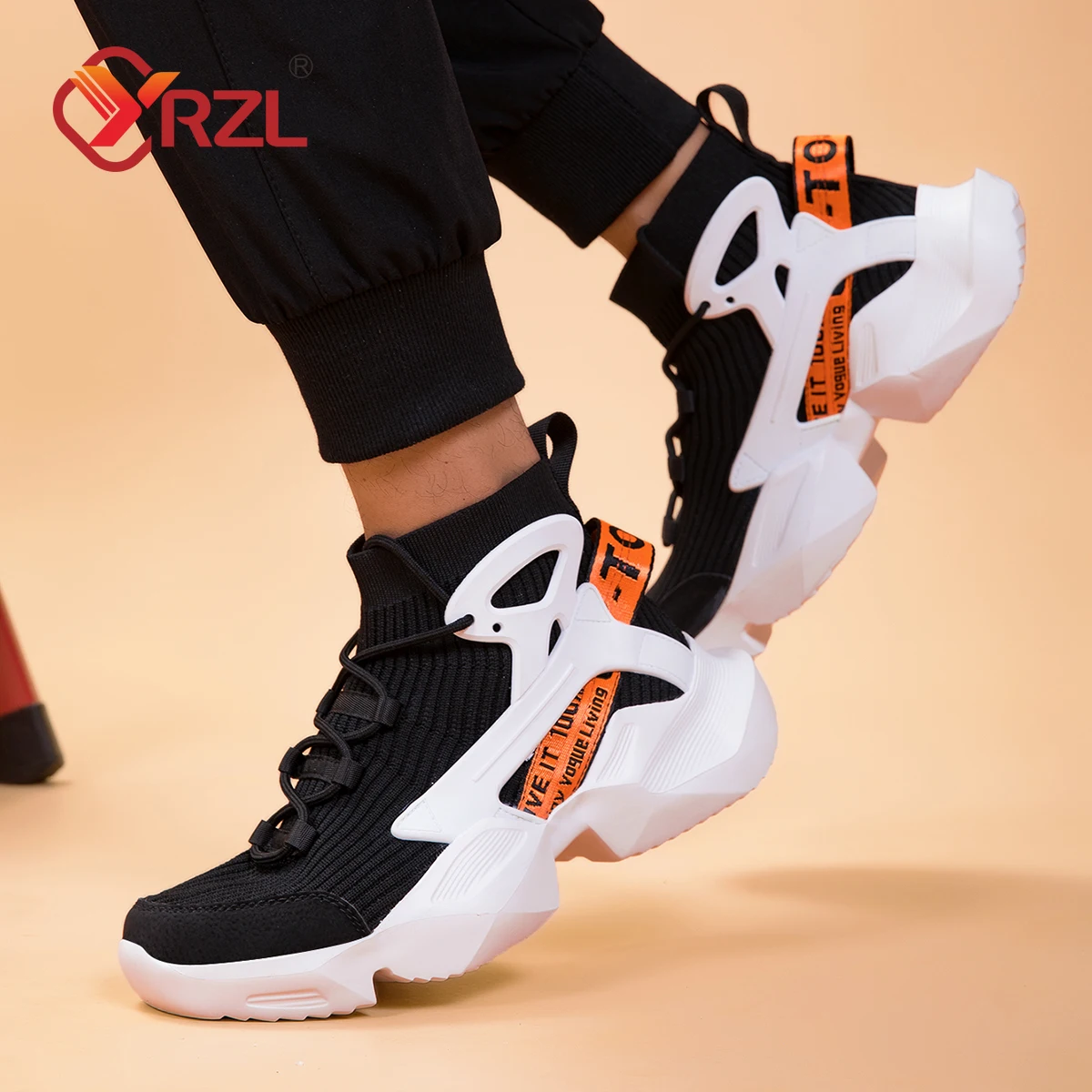 YRZL sepatu kasual pria Sneakers sejuk nyaman pria sepatu Platform antiselip sepatu pria kaus kaki hitam klasik