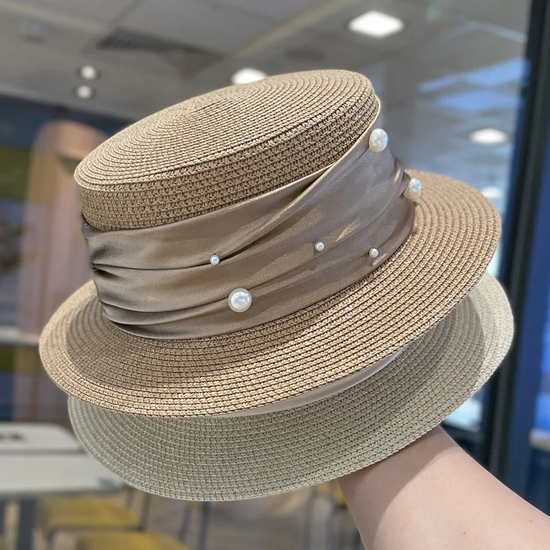 French Style Pearls Straw Sun Hats for Women Designer Satin Sash Vintage Wide Brim Sunscreen Panama Cap Travel Boater Beach Hat