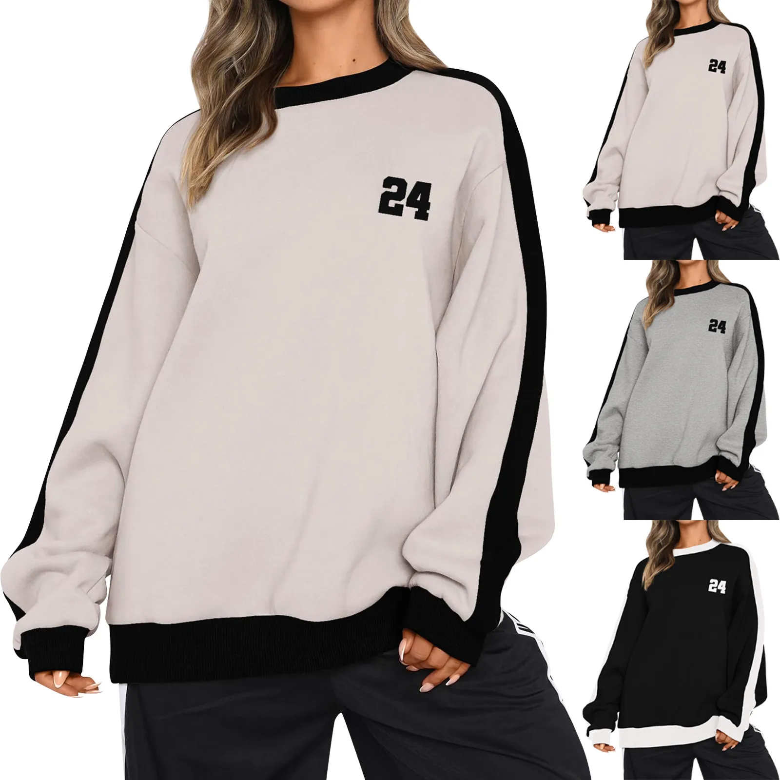 Women'S Fall Winter Sweatshirt Classic Patchwork Round Neck Loose Pullovers Long Sleeve Off Shoulder Soft Comfortable Tops