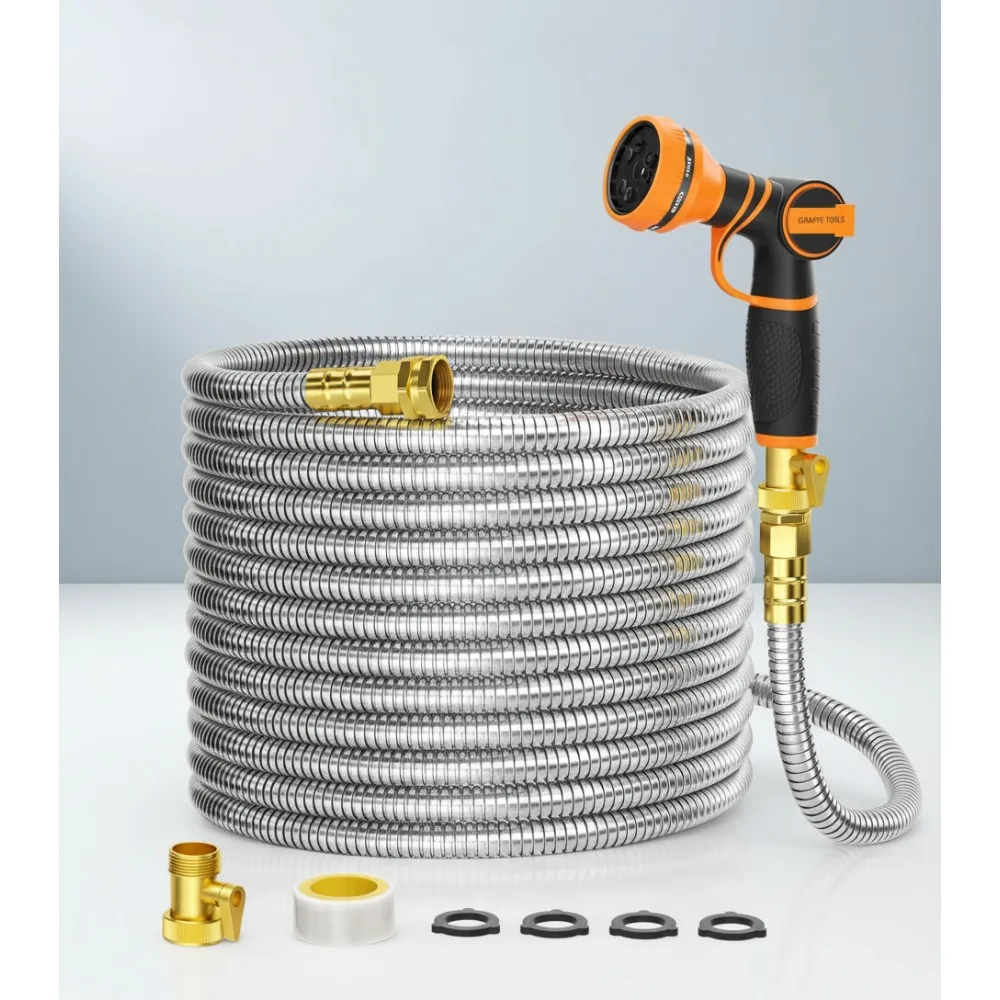 

100ft 5/8" Stainless Steel Garden Hose, 9-Pattern Spray Nozzle, Kink-Free Flexible Water Hose for Yard Outdoor