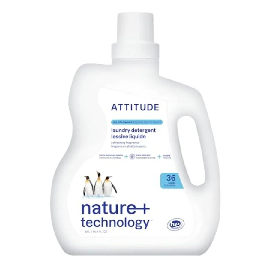 ATTITUDE Liquid Laundry Detergent, EWG Verified, HE Compatible, Plant-Based Vegan, Natural Laundry Soap, Wildflowers Scent, 36