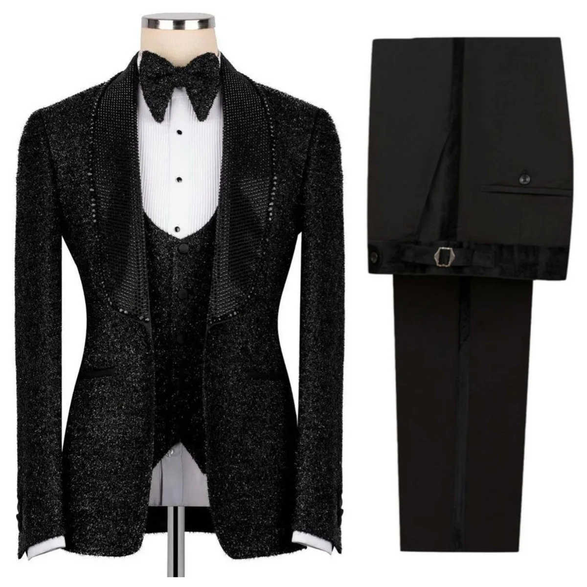 

Sparkly Man Tuxedos Beaded 3 Pcs Jacket Vest Pants Men Suit Fashion Shawl Lapel One Button Evening Wedding Groom Customized