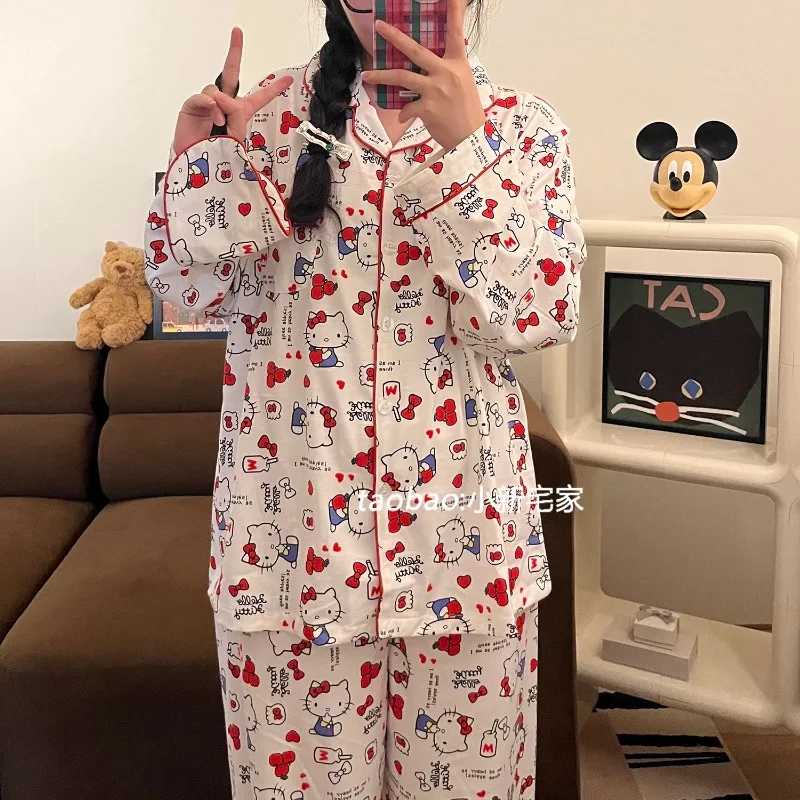 Kawaii Autumn Hello Kittys Pajamas Set Cartoon Anime Long Sleeves Long Pants Pure Cotton KT Women\'s Home Clothes Set