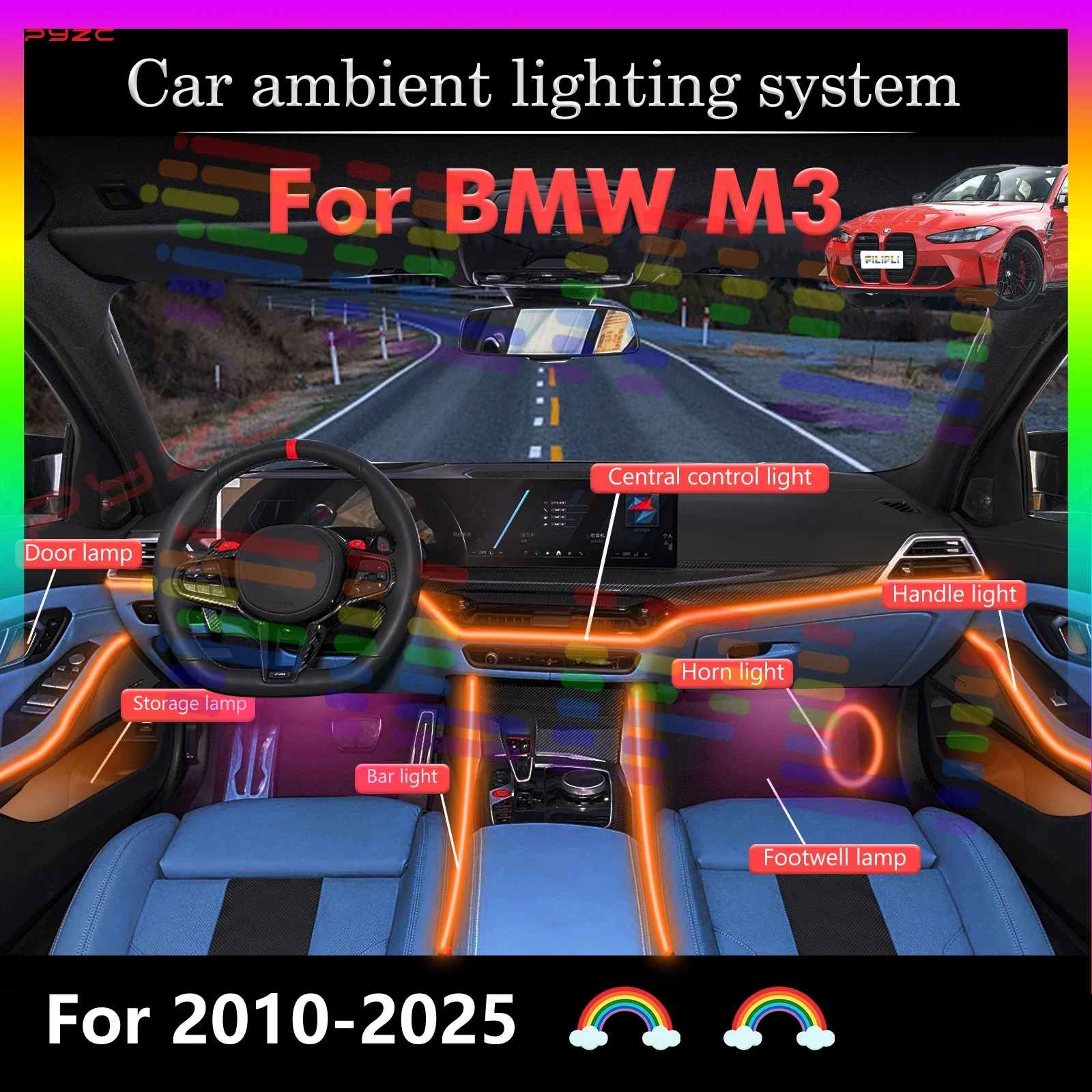 

Для BMW M3 RGB 64 цвета светодиодный салон автомобиля окружающее освещение умный пульт дистанционного управления набор радужных акриловых полос