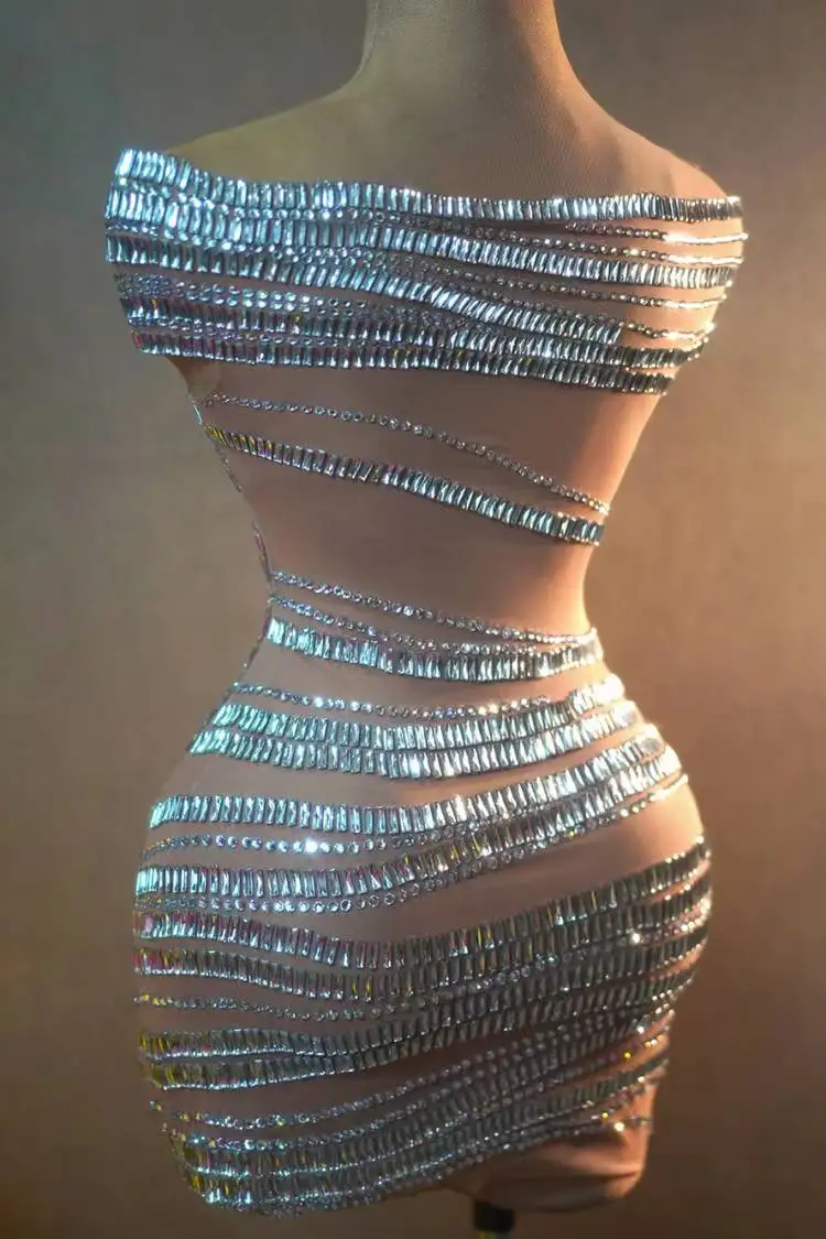 Vestido Sexy con diamantes de imitación plateados para fiesta de celebración de cumpleaños, traje de cristales para baile, disfraz elástico para actuación de cantante, gangsuo