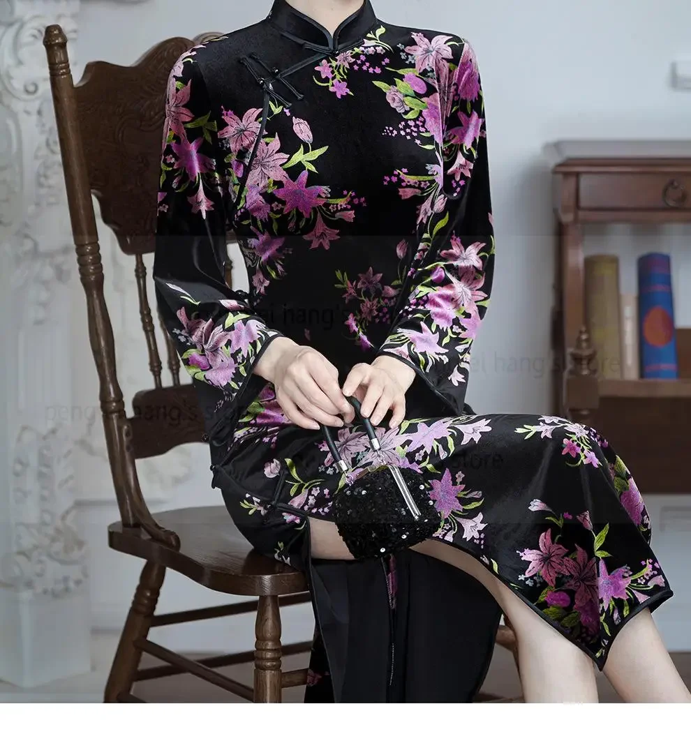 

Women Warm Velour Flower Qipao Improved China Dresses Big Sleeve Cheongsam Elegant Chinese Style Dress Long Vestidos Big Size