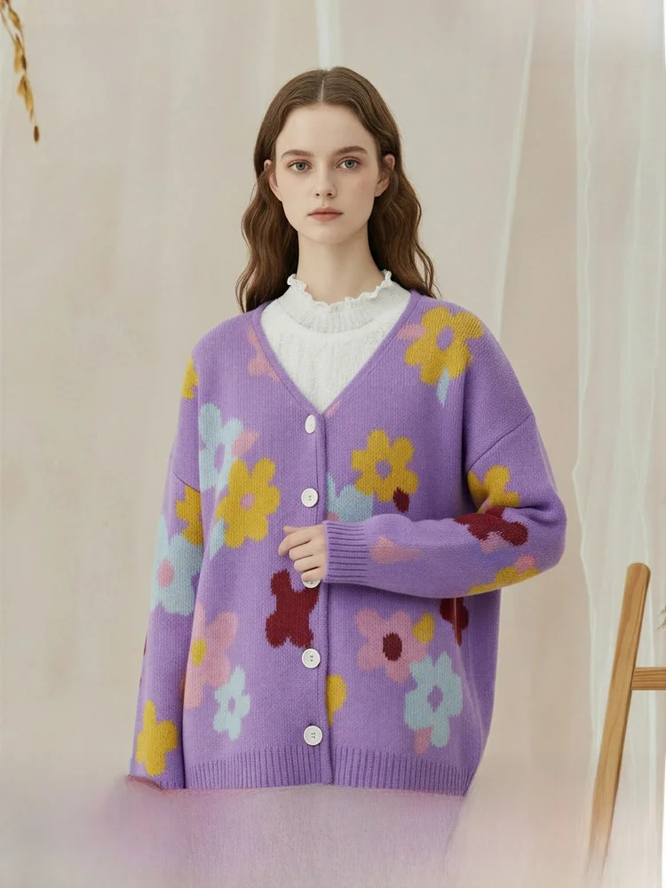 

Cloud Silk n Sweet Flower Pattern V-Ne Open Cardigan Women's Loose Winter Sweater Soft Long Sve Daily Wear Casual Sle