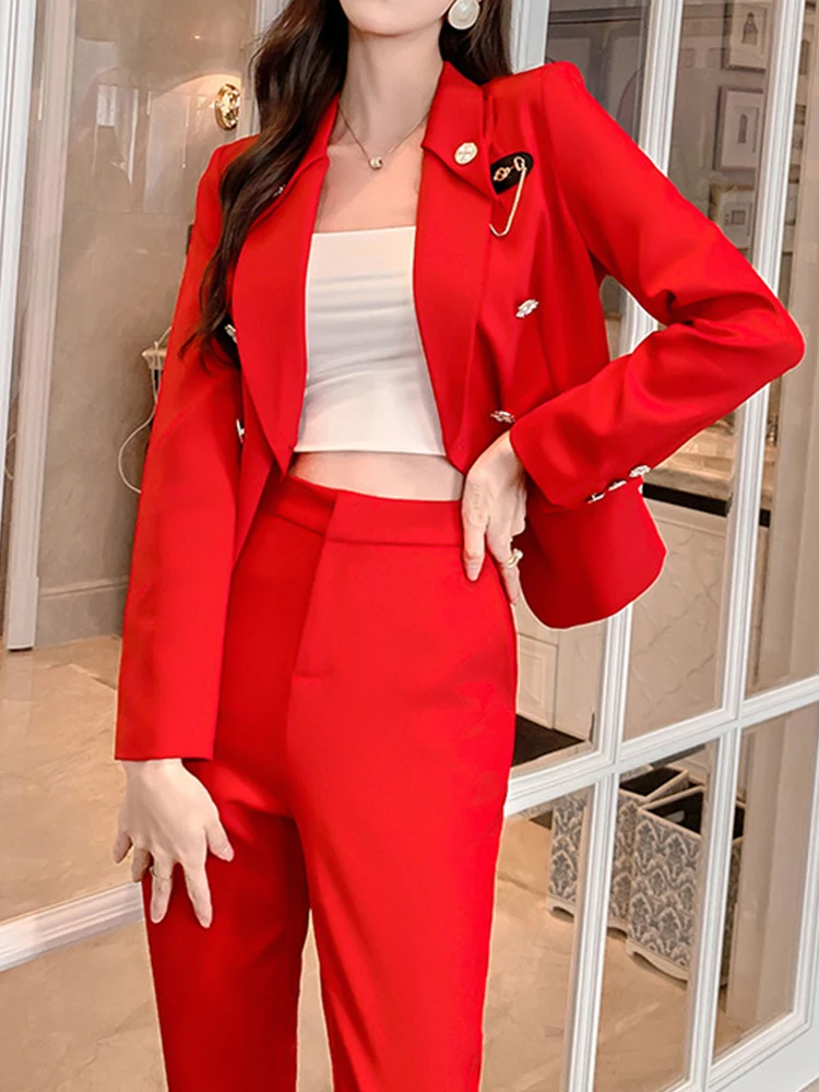 Fashion Office 2 Pieces Sets Women Red Notched Collar Slim Double Breasted Jacket Ankle-Length Pencil Pants Femme Formal Suits