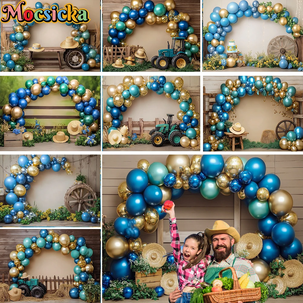 Mocsicka Farm Arch Balloon Background Photography Rustic Barn Green Tractor Backdrop Decor Boy Family Birthday Party Photostudio