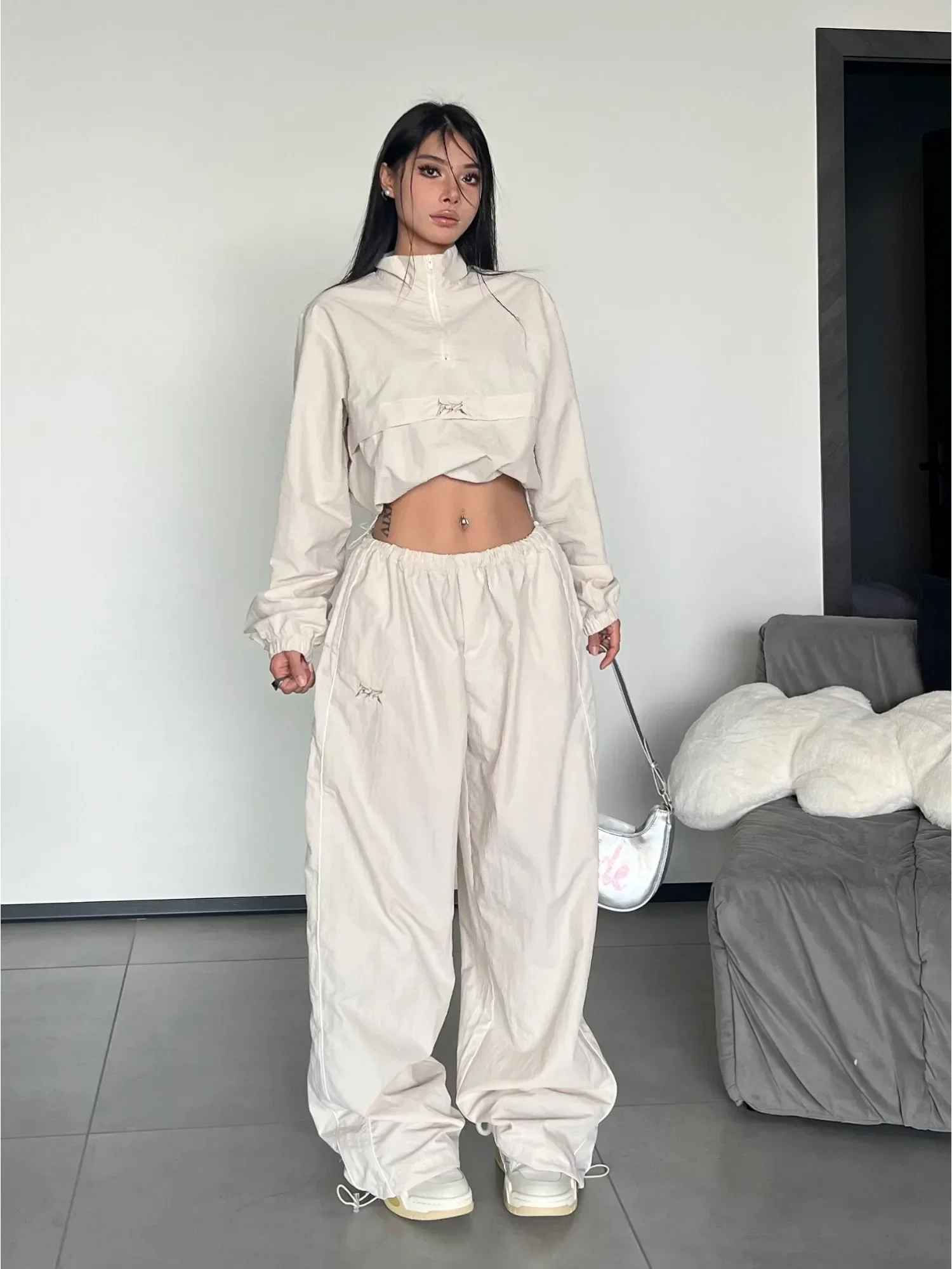 HOUZHOU Y2K Streetwear Khaki Pants Sets Women Gorpcore Vintage 90s Beige Tracksuit Oversized Kpop Fashion Harajuku Two Piece Set