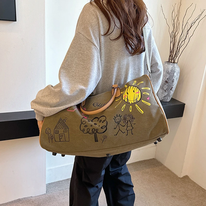 Bolso de viaje de gran capacidad con dibujos animados, bolsos suaves de lona con cremallera para mujer a la venta, nuevos bolsos de viaje multifuncionales de alta calidad 2024