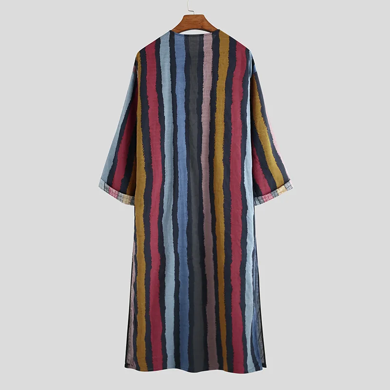 Men's Muslim Long Sleeve Cotton Striped Robes Islamic Arabian Kaftan Suit Middle East Dubai Abaya Retro Spring Clothing