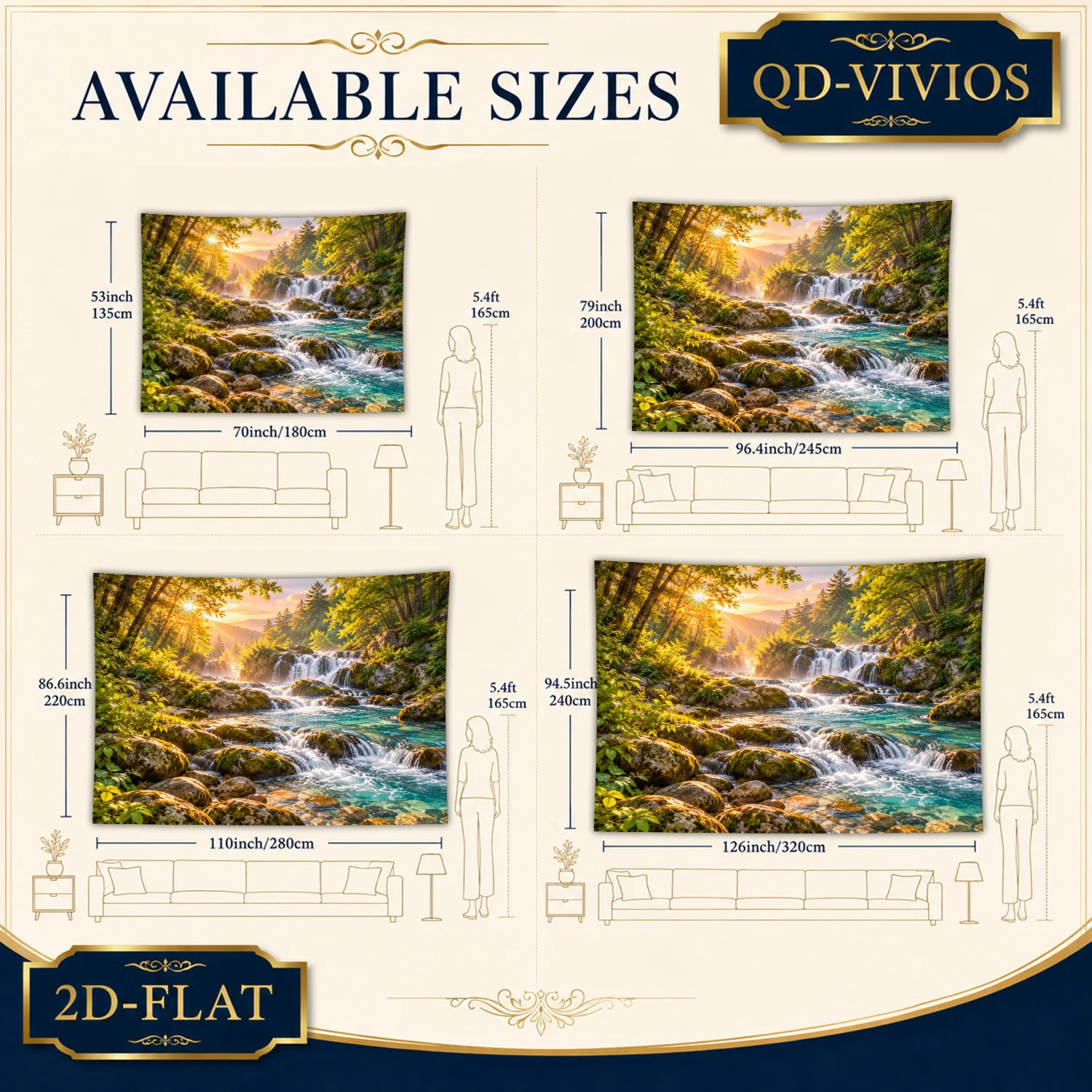 Sunrise Waterfall Tapestry, Turquoise Creek Moss Stones Green Forest Sun Ray Wall Hanging, Peaceful Nature Tapestry for Home