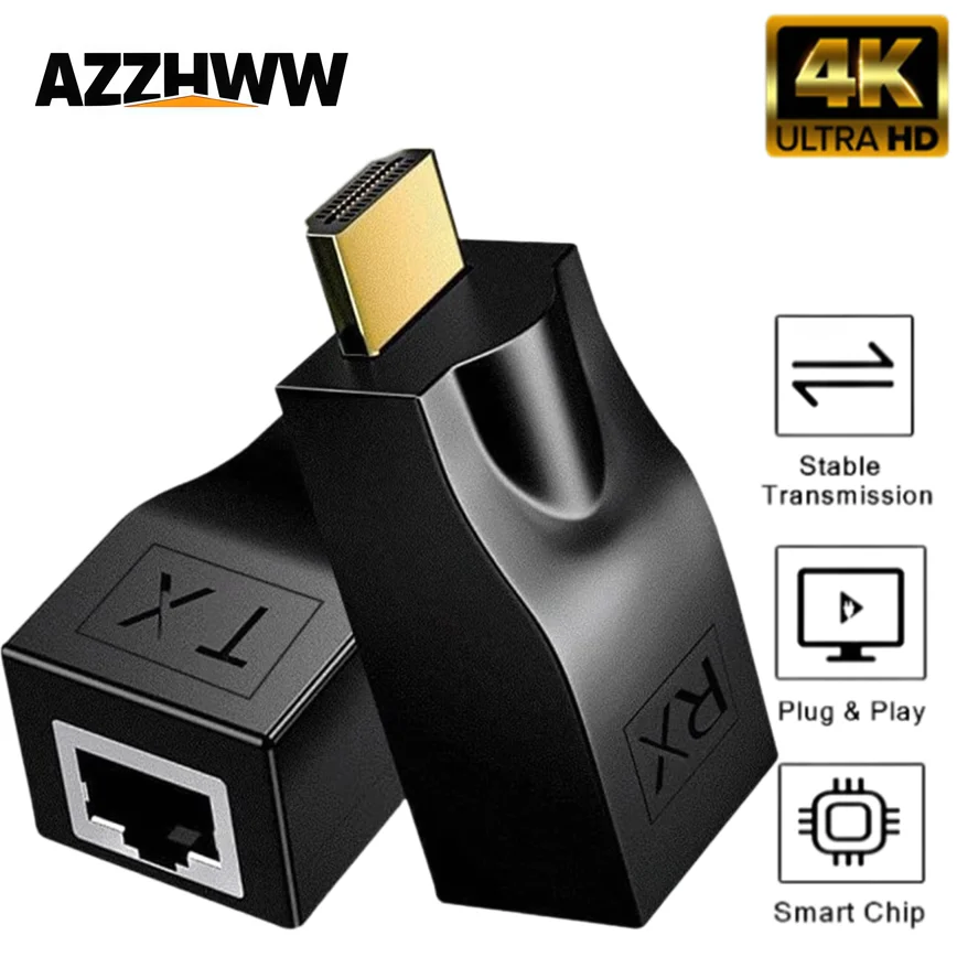 4K HDMI-compatible to RJ45 Extender HDMI-compatible Extender Over Ethernet Cat 5e/6/7/8 Cable HDMI-compatible Repeater UP to 30m