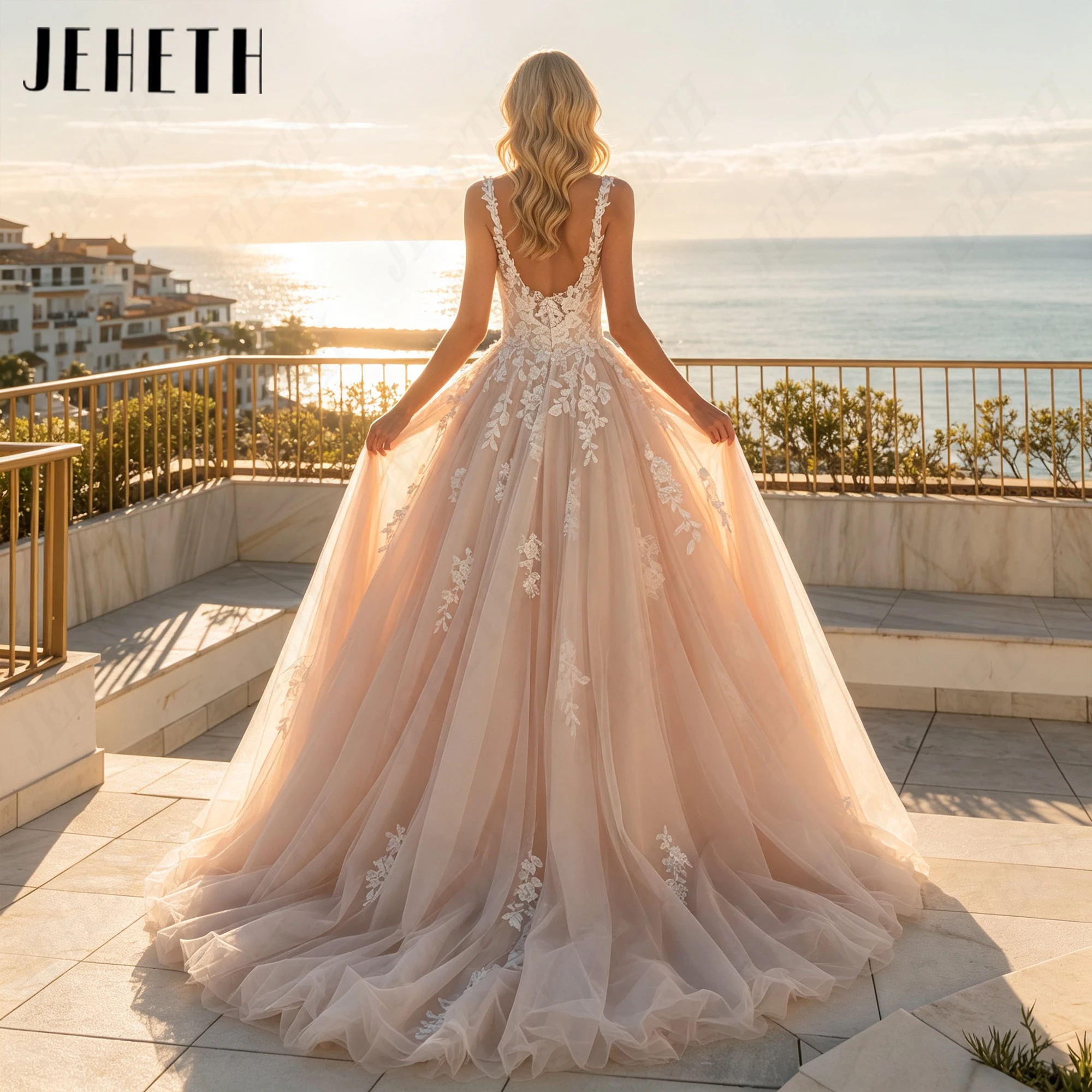 JEHETH Illusion Spaghetti Straps Bride Gown Personalized Lace Appliques Wedding Dress  A‑Line Tulle Romantic Bridal Gowns