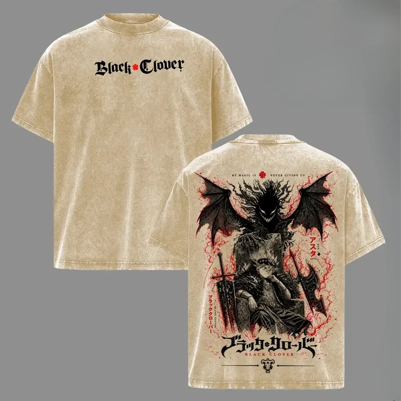 Asta Print T-shirt Black Clover Anime Clothing Men Women Cotton Tshirts Vintage Washed Tee Harajuku Summer Short Sleeve T Shirt