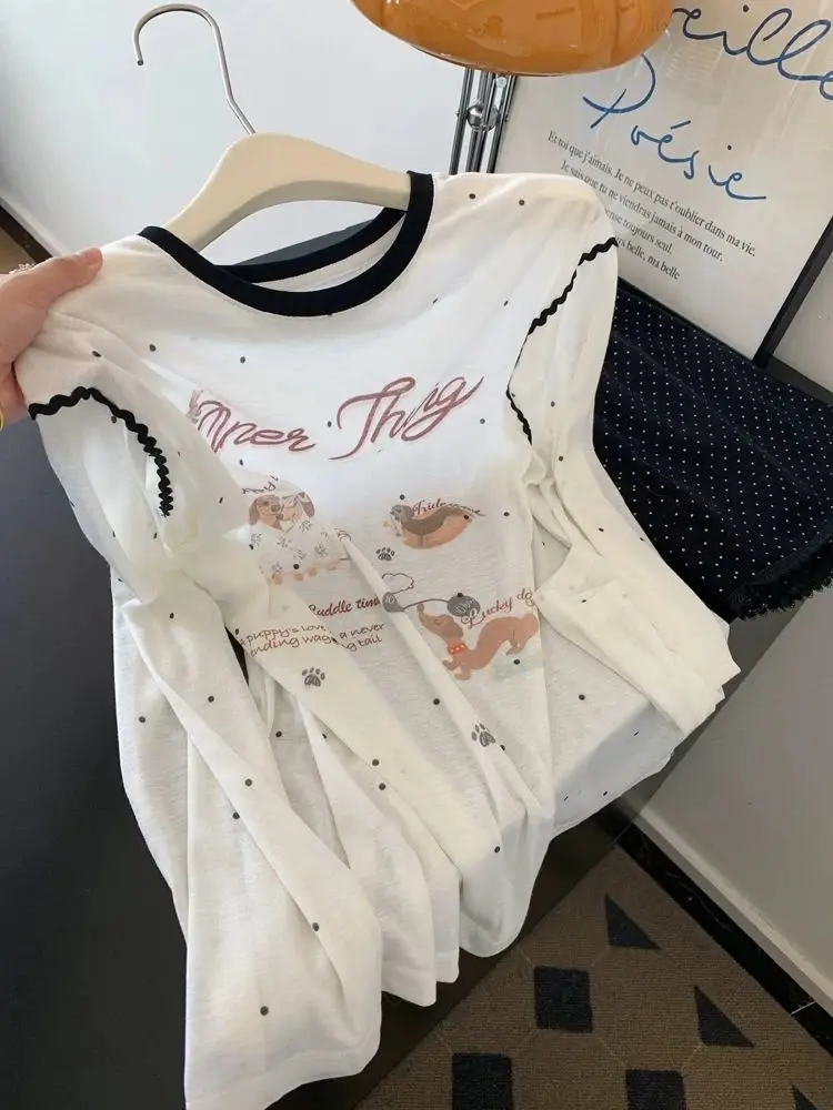 

Y2k Aesthetic White Polka Dots Lightweight Printed Long Sleeves T-shirt Women's New Loose Fit Casual Sun-protective Cover-up Top