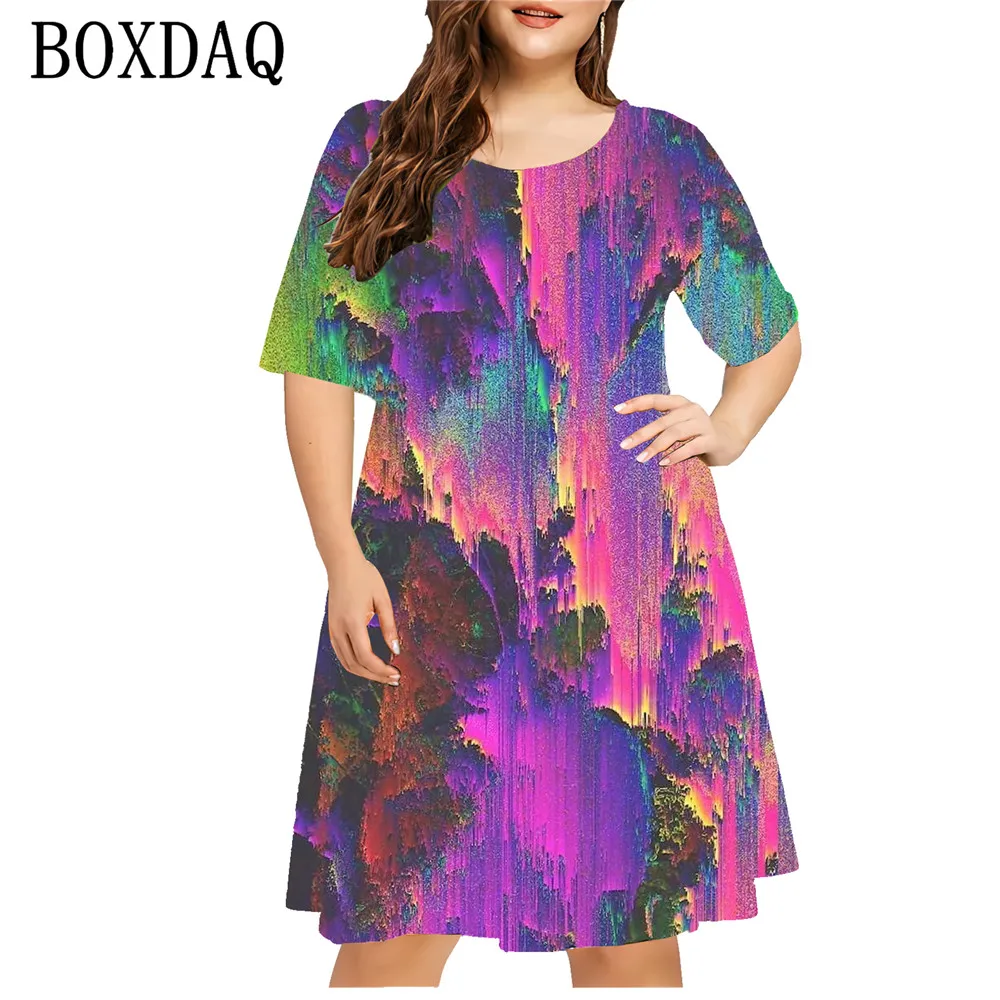 Abstract Gradient Tie Dye Painted Women Dress Summer 2024 Retro 3D Print Loose Dress Casual Fashion Plus Size Women Clothing 9XL