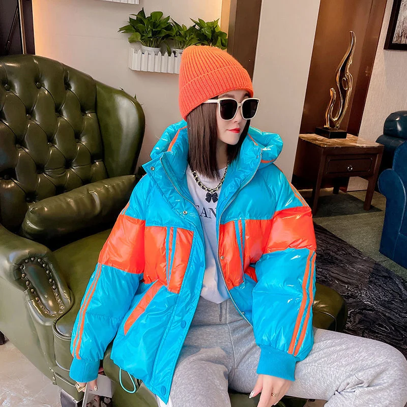 Fashion Hooded Glossy Stitching Jacket Women Winter Warm Short Cotton-padded Parkas Loose Hooded Bread Female Cotton Jacket