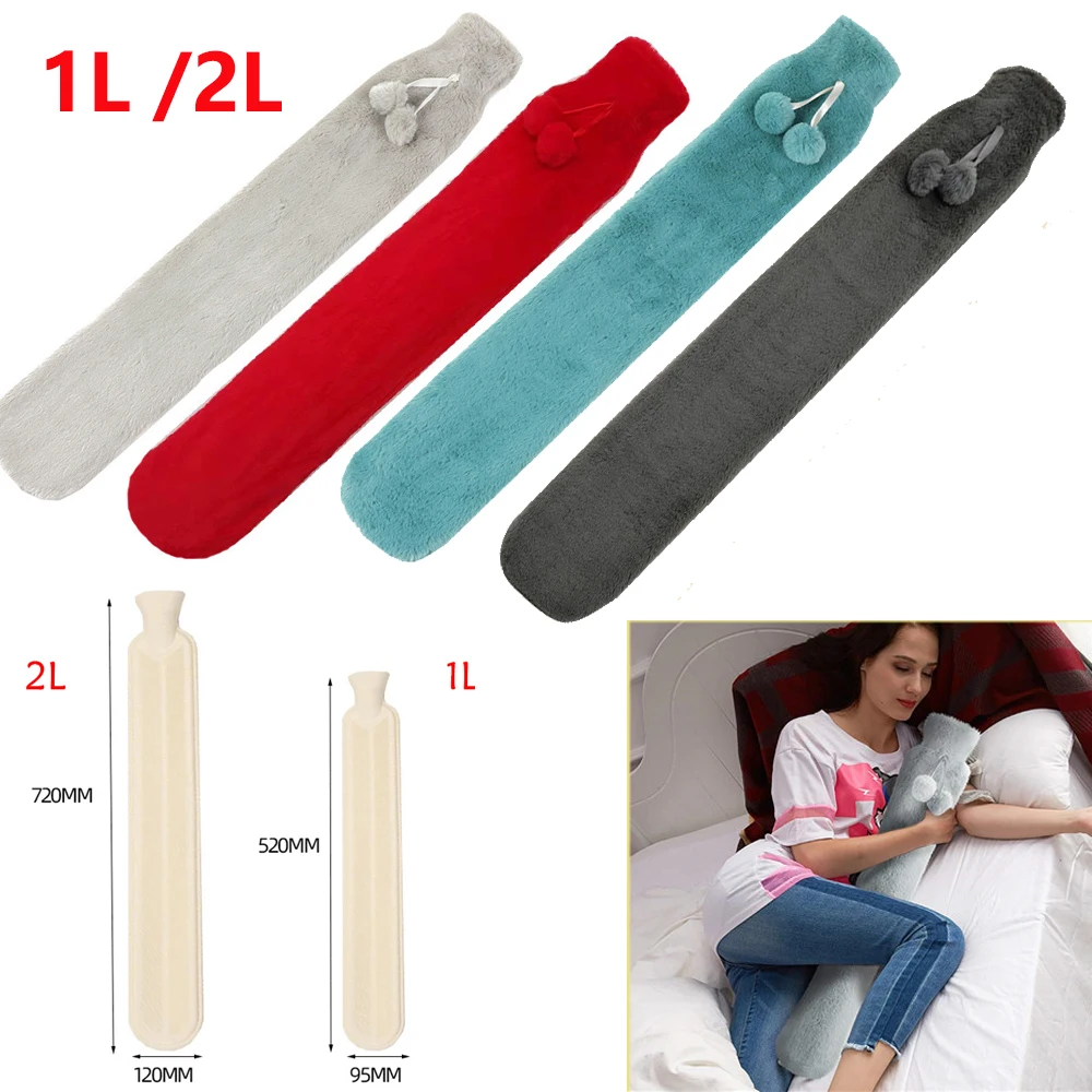 1L /2L Portable Long Hot Water Bottle with Faux Fur Removable Cover Full Body Rubber Warm Water Bag Hot Bag for Pain Bouillotte