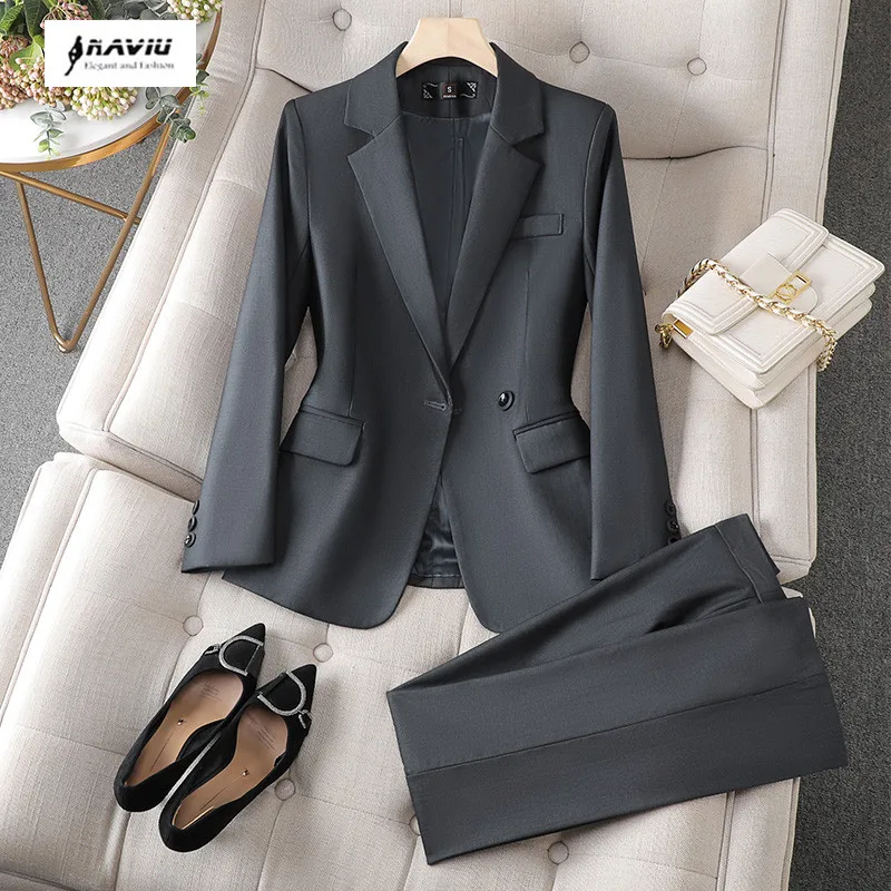 NAVIU grey Suits donna New Autumn Fashion Temerament professionale manica lunga Slim Blazer e pantaloni set Office Lady Work Wear