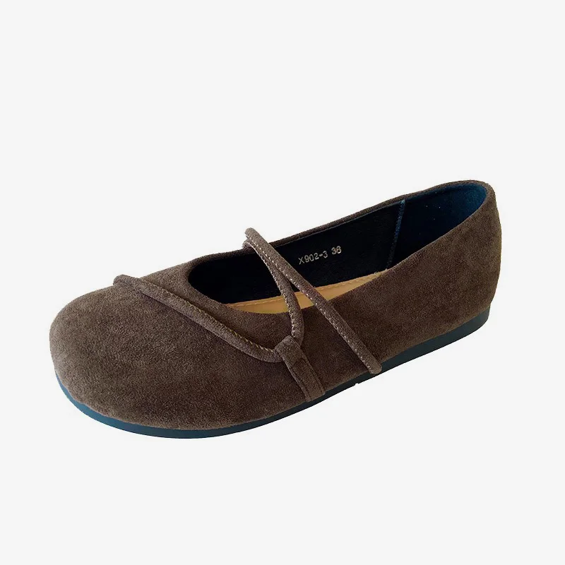 TRAF Sandalias planas lisas de gamuza para mujer, zapatos de otoño con correa fina y dulce, nueva cabeza redonda, punta cerrada, boca poco profunda, zapato informal para mujer