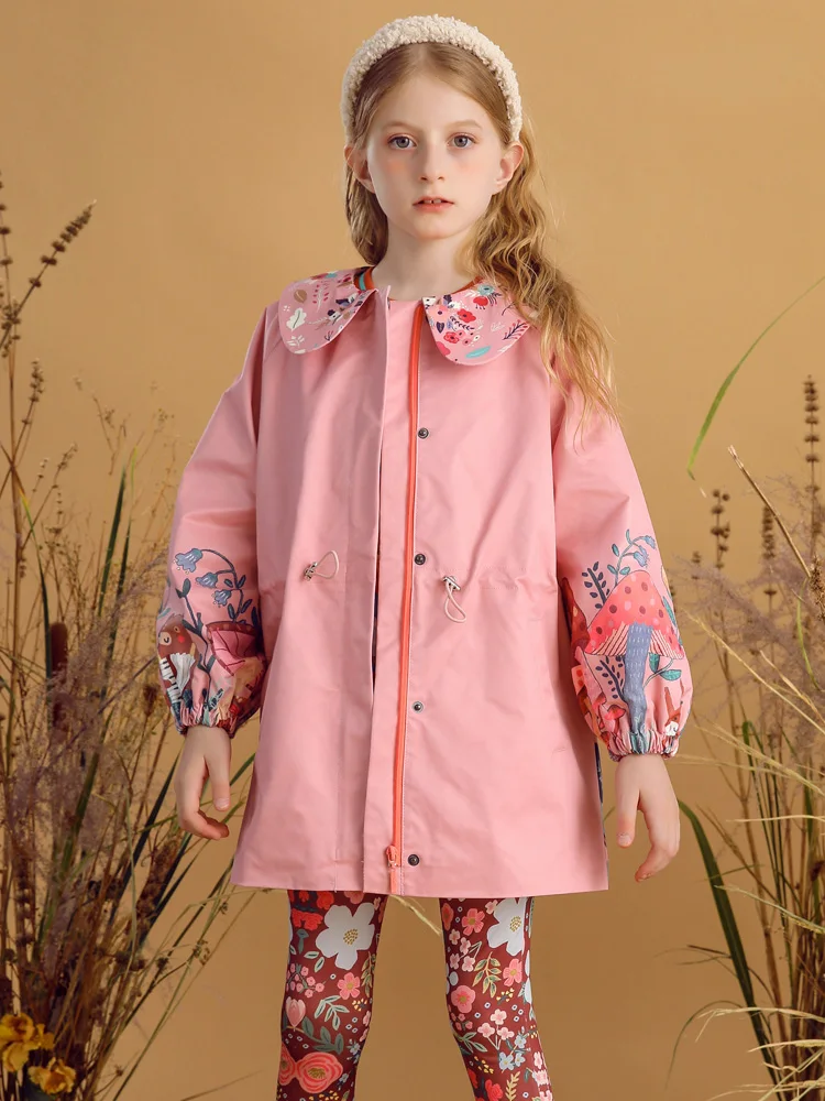 Girls Trench Coat Long Sleeve Zip Closure Flowers Printed Peter Pan Collar Spring and Autumn Coat