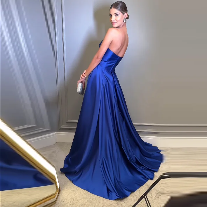 Sevintage Customized Elegant Royal Blue A-Line Prom Dress Satin Ruched V-Neck Floor Length Side Slit Evening Dress 2024