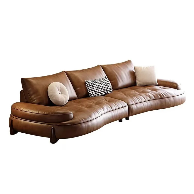 

Leather sofa home living room modern retro Italian minimalist small apartment black leather art sofa