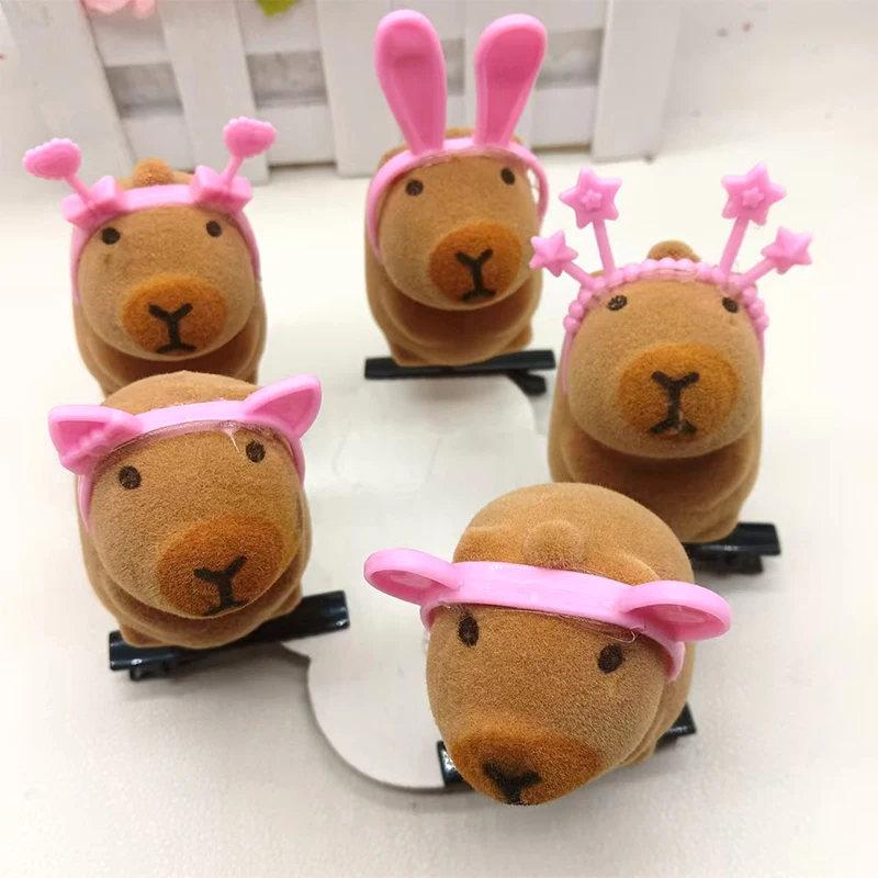 5Pcs Pink Headband Capybara Flocking Hairpin Cartoon Animal Spring Hair Clip Lovely Headwear Hair Accessories Party Favors