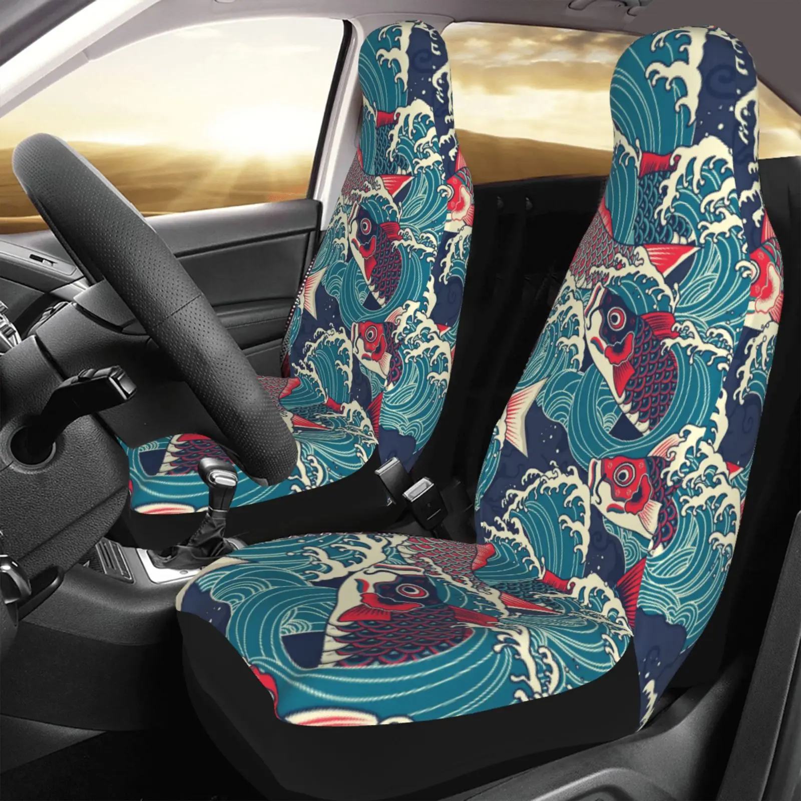 Customized Jinfengyu Koi Fish Underwater World Animal Car Seat Cover - 2-piece Set for Front Seats - Car Seat Protection Kit