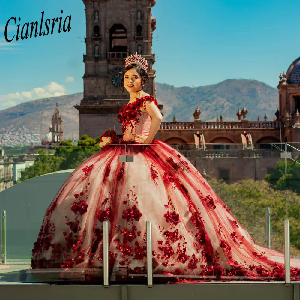 Vestido Rojo De fiesta sin hombros, flor 3D, quinceañera, princesa dulce, 16 Vestidos De 15 años