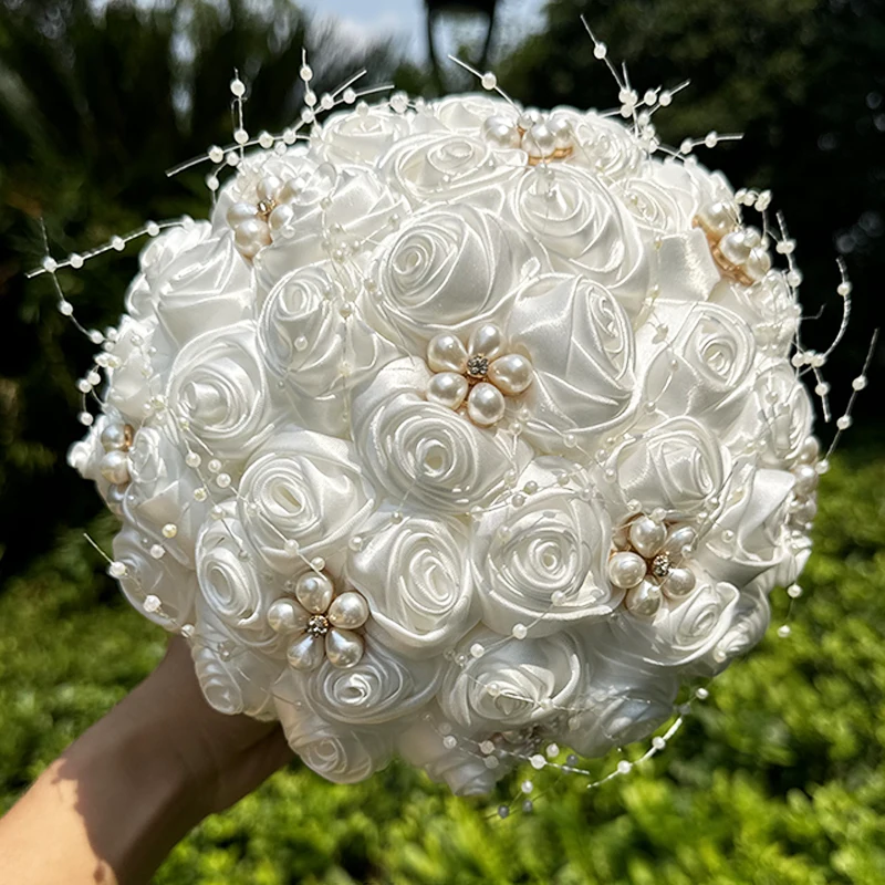 1PC Silk Rose Wedding Bouquet for Bride Bridesmaid Bouquet Pearl Ribbon Valentine's Day Proposal Confession Prop