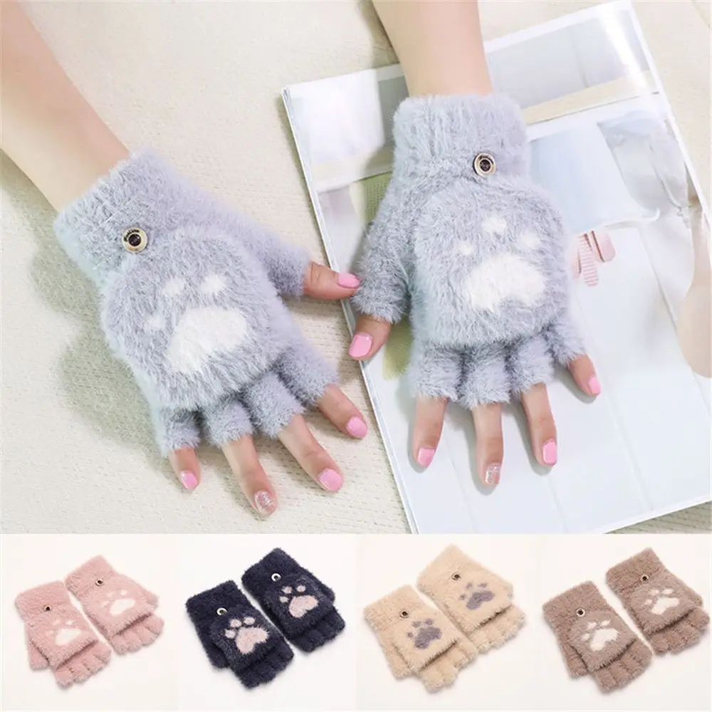 Lovely Paw Claw Fluffy Cat Plush Half Finger Gloves Mittens Knitted Finger Gloves Woolen