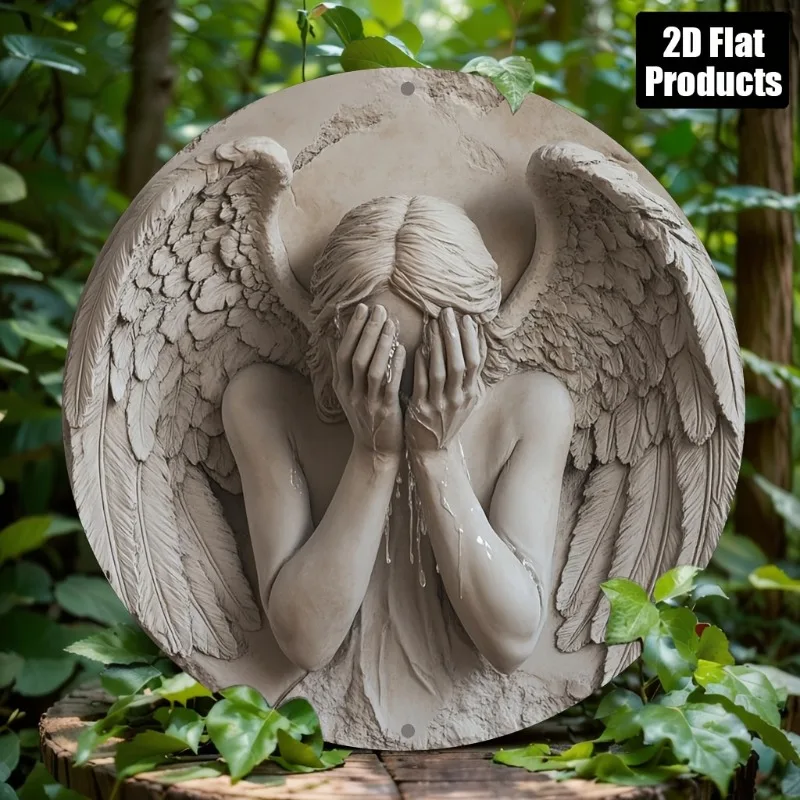 Vintage Weeping Angel 2D Metal Wall Art, 8x8 Inch Round Iron Sign, Detailed Angelic Figure with Tearful Eyes, Home Office Bar Ki