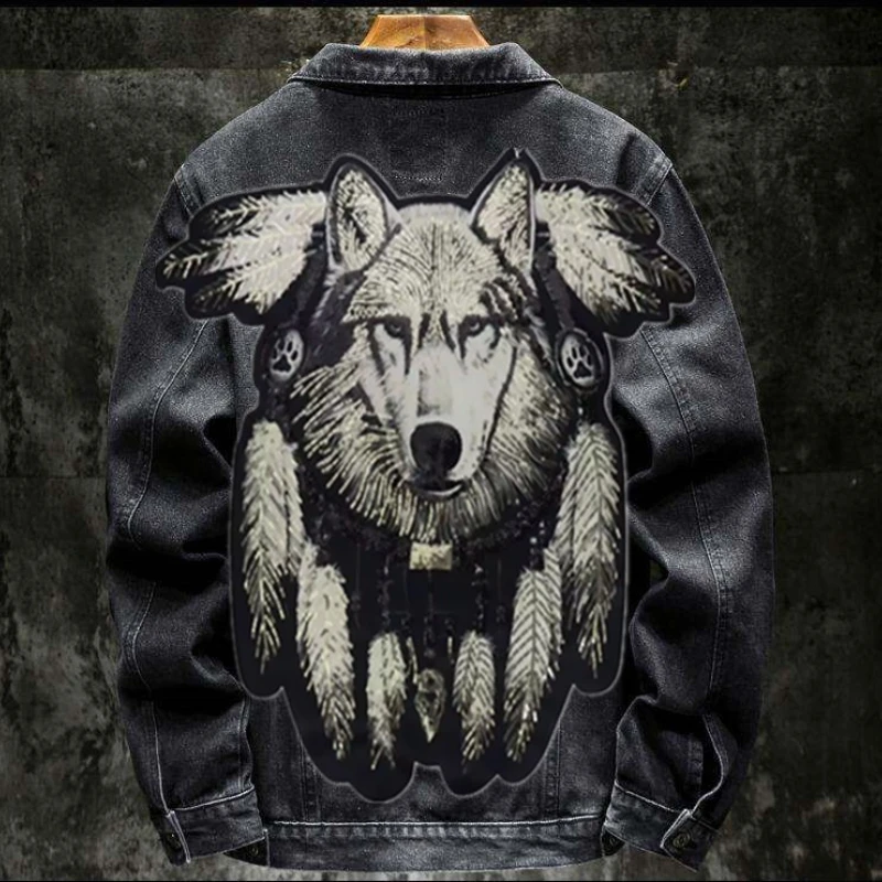 America Vintage Heavy Wolf Embroidered Patch Jeans Jacket Men Hip Pop Punk Rivet Denim Jackets Streetwear Fashion Blue Coats Men