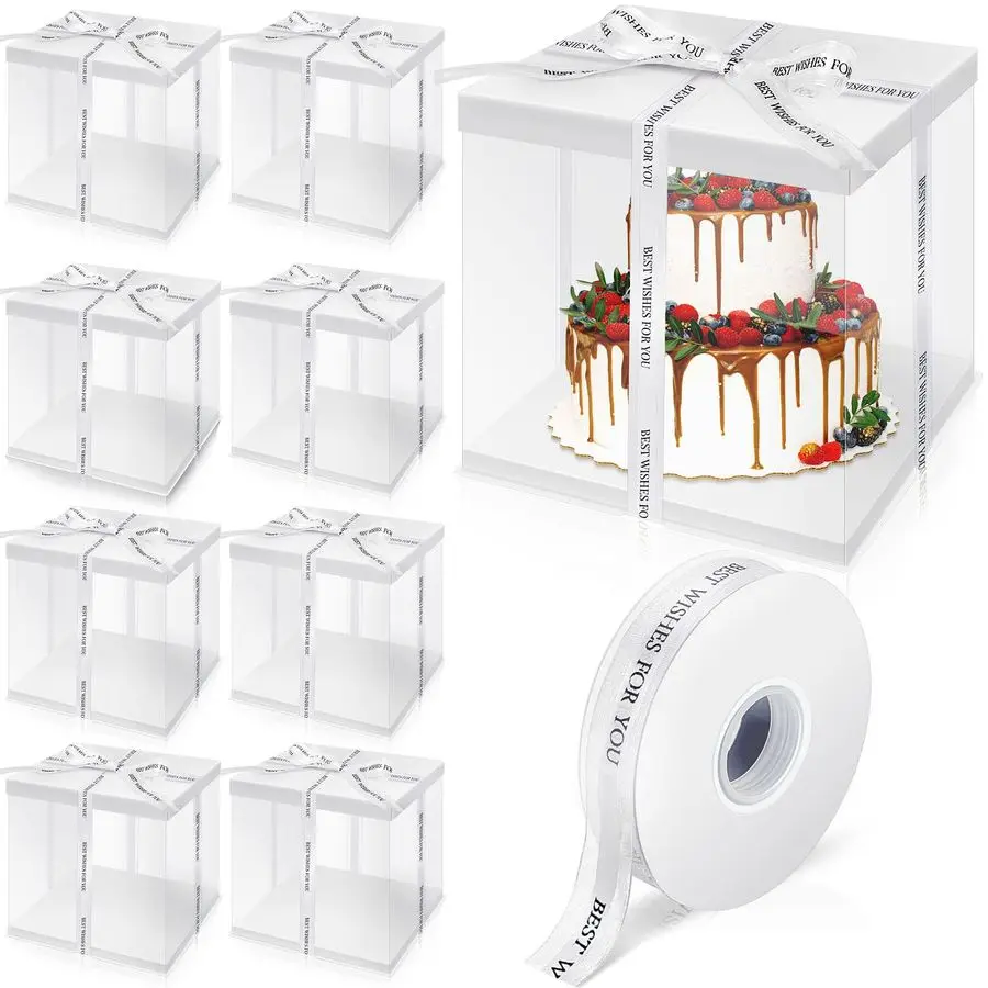 

9 Pcs Large Tall Clear Cake Box 10x10x9 White PET Gift Box with Ribbon and Pre Folded Lid for 8 Cake Bakery Pastries Baking Disp