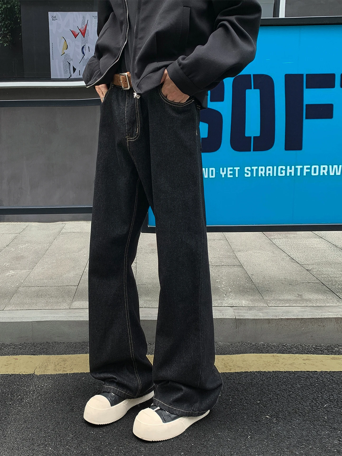 

American Retro Straight Leg Denim Jeans Men's Loose Wide Leg Floor-Length CleanFit Pants Spring Season Casual Cotton Polyeste...