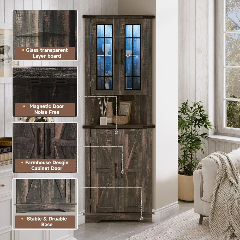 خزانة زاوية مضيئة بإضاءة LED للتخزين في غرفة المعيشة أو المطبخ أو الحمام - طويلة، بني غامق عتيق #3