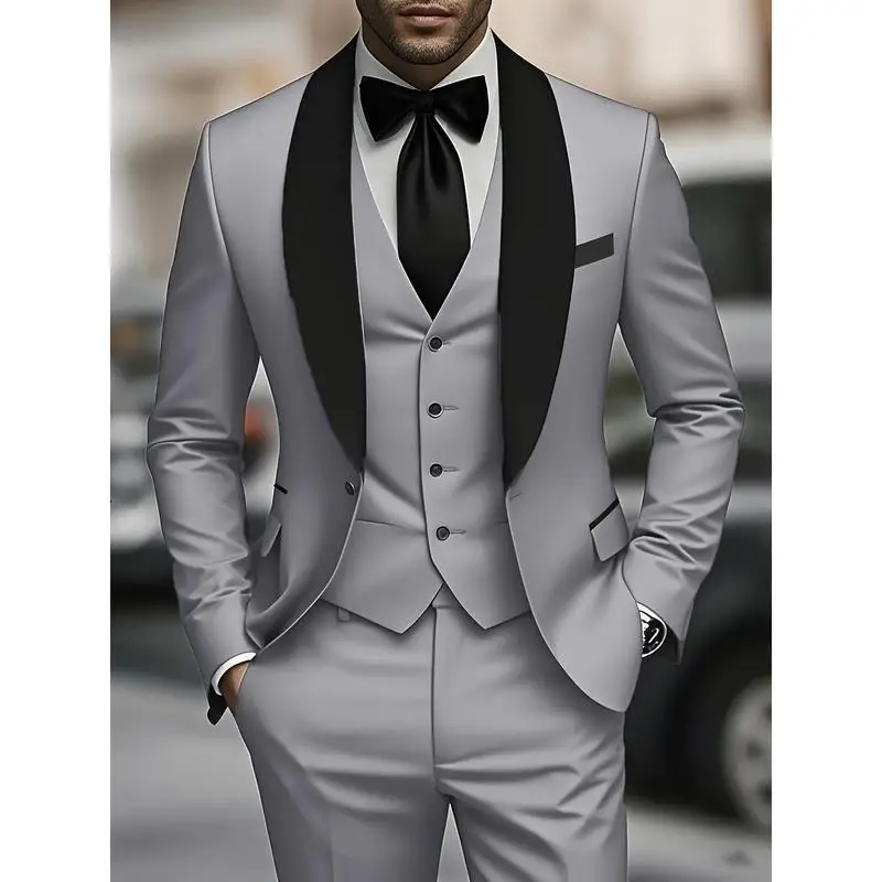 Men's Green 3 Piece Formal Suit Business Wedding Graduation Special Wide Fit Double Slit No Button Autumn Season Fashion