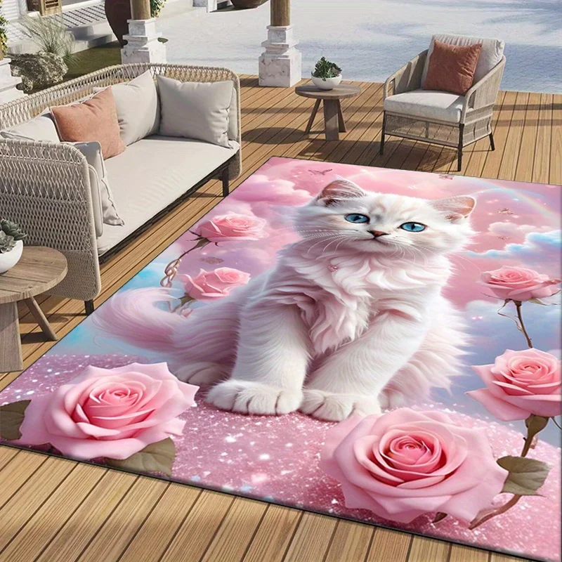 Pink Rose Cat Rug Soft WhiteFeline with Romantic Roses for Romantic Décor Pet Lover Gifts Anti slip carpet can be machine washed