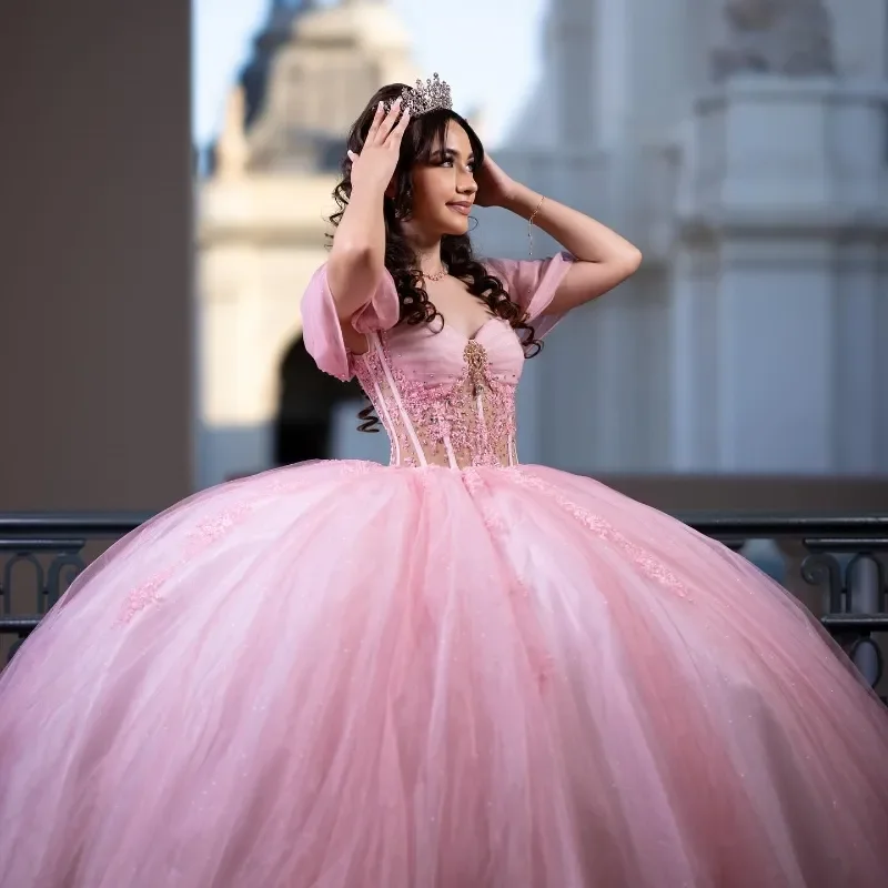 Customized Pink  Quinceanera Dresses Crystal Beading  Cinderella 16 Princess Gowns Vestidos De 15 Anos Plus Size Party Gowns