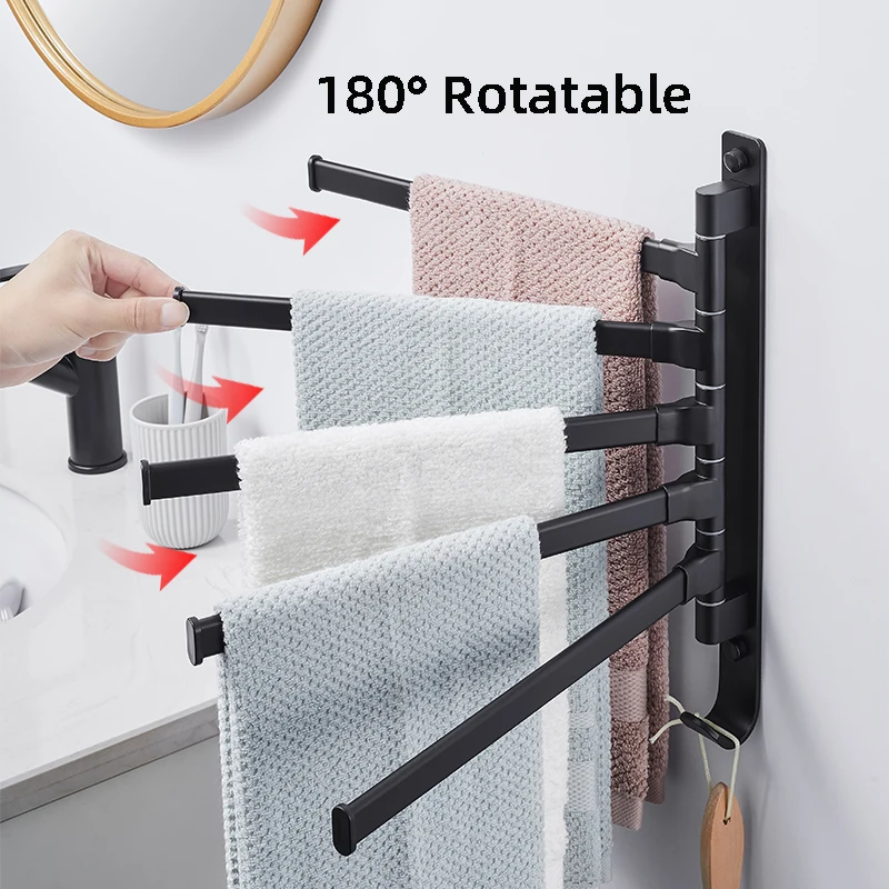 Black Bathroom 2/3/4/5 Arms Swivel Towel Bar Space Saving Swinging Towel Rack Wall Mounted Towel Holder with Hooks