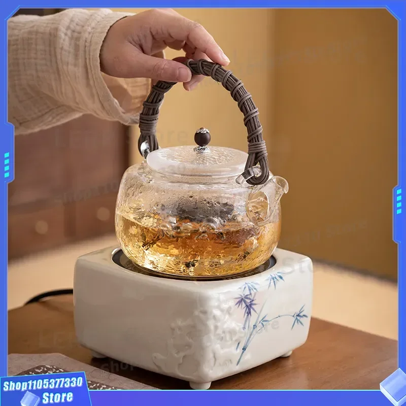 Estufa Eléctrica de Cerámica, Juego de Té de Bambú Verde Bajo Esmalte, Tetera de Vidrio, Horno de Tostado Doméstico para Interiores, Utensilios para Preparar Té